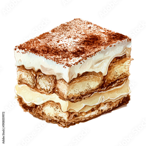 Tiramisu Cake watercolor artwork, high-quality professional vector illustration isolated on a white background.