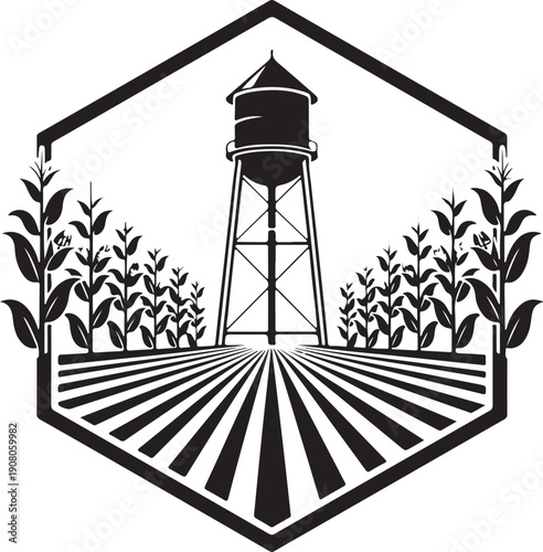 Farm water tower in agricultural field with corn crops and sunburst lines inside hexagonal frame vector illustration