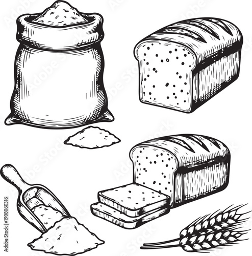 Fresh baked whole grain bread loaf with seeds, wheat sack, wooden scoop, ripe ears and flour pile