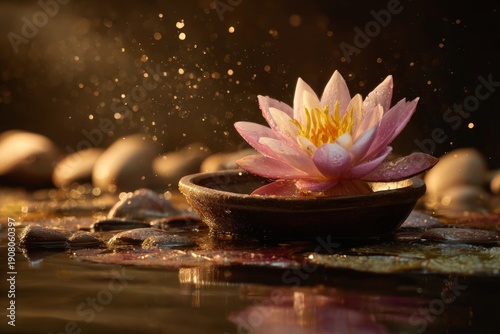 Tranquil Lotus Blossom Floating Amidst Stones in Serene Sunset Glow