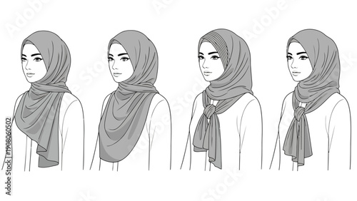 Four women wearing different traditional hijab styles with headscarves.