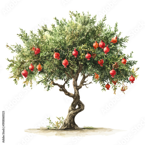 Pomegranate Tree watercolor vector illustration, high-quality artwork isolated on a pure white background.