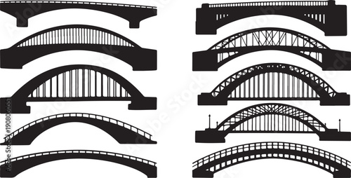 Collection of various bridge silhouettes in black and white