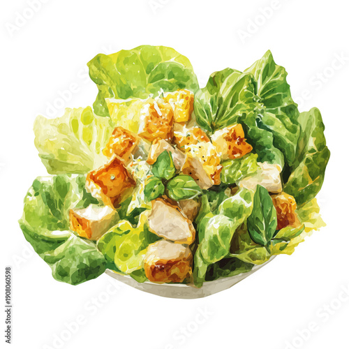 Watercolor Chicken Caesar Salad vector, artistic painting style, high-resolution illustration on a pure white background.