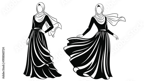 Elegant black and white gowns featuring intricate designs and flowing fabric