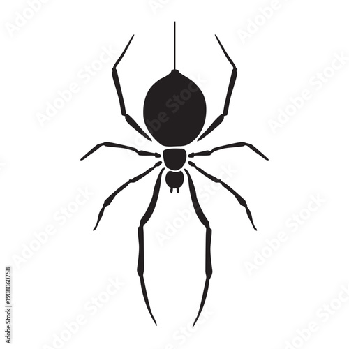 Minimalist black spider silhouette hanging from thread.