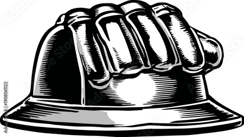 A stylized illustration depicting a closed fist resting on top of a construction helmet