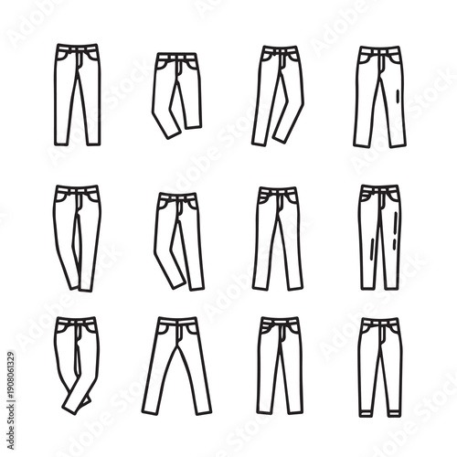 Denim Jeans Styles Collection Line Art Icons Vector Illustration