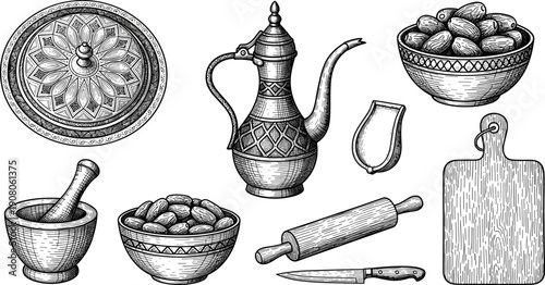 Traditional Middle Eastern kitchen illustration, Arabic coffee pot dallah, serving tray, dates bowls, mortar pestle, rolling pin, knife, cutting board, cultural cooking vector art