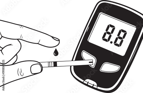 Person checking blood sugar with glucose meter and test strip, diabetes management, healthcare concept vector