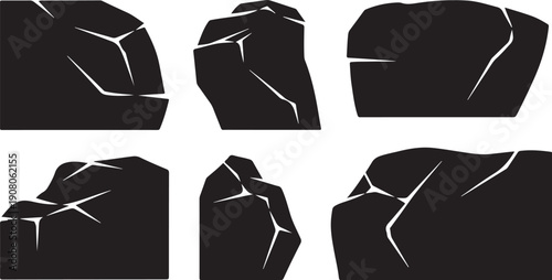 Cracked Black Rock Formations on White Background Illustration Set
