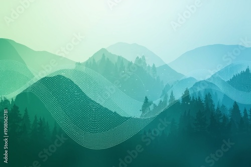 Abstract Green Mountain Landscape with Digital Wave Technology Background