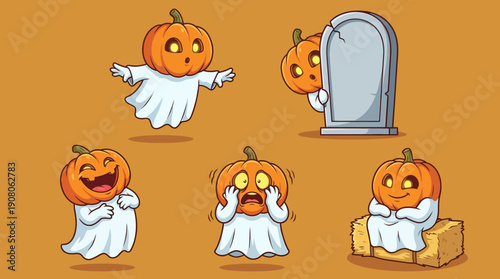 Cute Halloween Pumpkin Ghost Cartoon Character Set. Jack-o'-lantern Mascots Displaying Emotions: Happy, Scared, Flying, and Hiding Behind a Tombstone.