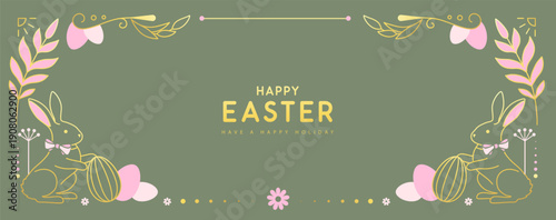 Happy Easter  poster or greeting card with rabbits, floral decorative elements and Easter eggs on green background. Easter frame. Vector illustration