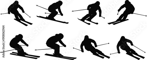 Skiing silhouettes vector illustration, eight dynamic poses downhill turning jumping winter sport action athlete snow isolated designSkiing silhouette