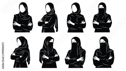 Silhouettes of diverse individuals wearing traditional hijabs in various poses