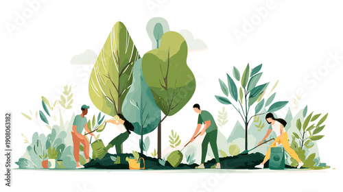 A group of people planting trees and gardening together in a vibrant outdoor setting