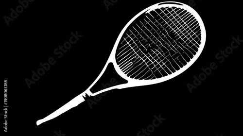 A white illustration of a tennis racquet against a black backdrop, angled to the viewer's right