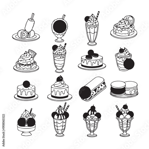 Dessert Collection: Cakes, Ice Cream Sundaes, Milkshakes, Eclairs, and Pastries
