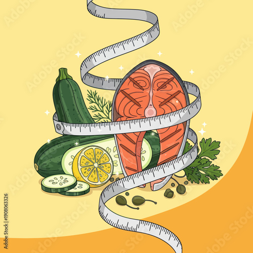 Salmon Steak with Vegetables and Measuring Tape.