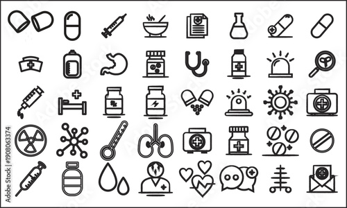 Medical line icons set. Hospital equipment devices. Healthcare collection. Clinic instruments. Surgical tools. Linear outline. Minimalist design. Diagnosis. Emergency symbols kit 
