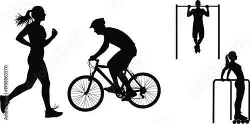Sport activity silhouette set with running cycling pull up and outdoor exercise, active lifestyle fitness people vector illustration design