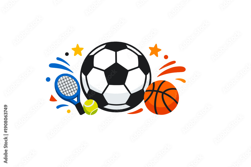Obraz premium A colorful illustration featuring a soccer ball, basketball, tennis racket, and tennis ball against a black background with decorative stars and vibrant splashes of color.