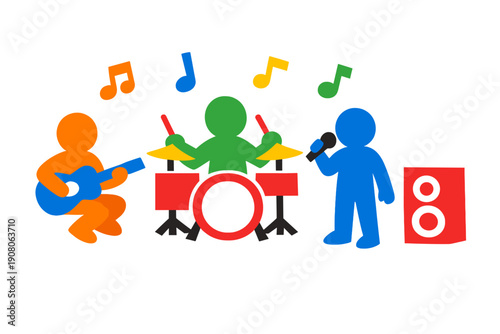 A colorful illustration of a three-person band featuring a guitarist, a drummer, and a singer performing with musical notes and a speaker against a solid black background.