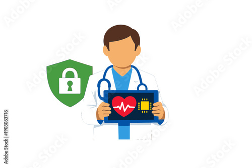 A flat illustration of a faceless doctor holding a digital tablet with a heart monitor and microchip icon, next to a green security shield with a padlock on a black background.
