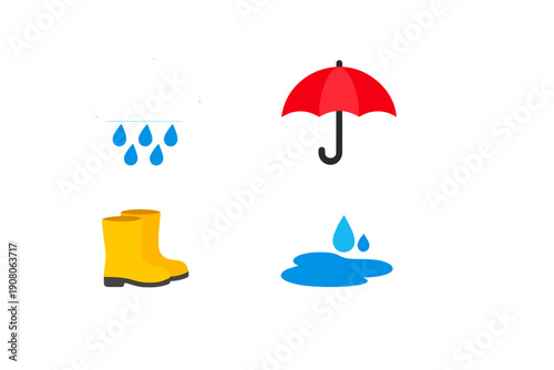 A collection of four flat vector icons representing rainy weather, featuring a cloud with raindrops, a red umbrella, yellow rubber boots, and a blue puddle on a black background.