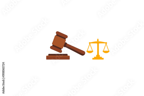 A flat illustration featuring a wooden judge's gavel on a sound block, a golden scale of justice, and a document icon against a solid black background, representing legal concepts.