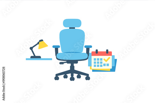 A blue ergonomic office chair is positioned between a yellow desk lamp on a small table and a calendar icon with a checkmark, illustrating a workspace and schedule management concept.
