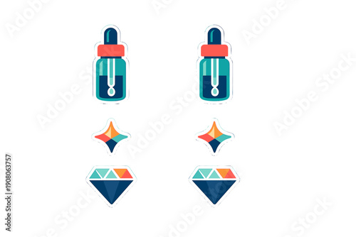 This collection of flat vector stickers includes a dropper bottle, a colorful four-pointed star, and a faceted diamond icon, all presented on a solid black background.