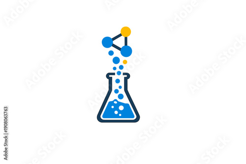 A minimalist vector illustration of a laboratory Erlenmeyer flask filled with blue liquid and bubbles, featuring a molecular structure rising from the top against a black background.