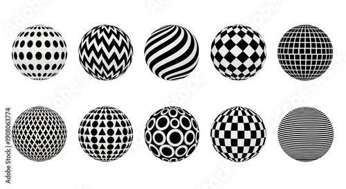 Dynamic Abstract Black and White Spheres Collection for Graphic Design, Featuring Diverse Geometric Patterns, Optical Illusions, and Modern Textures