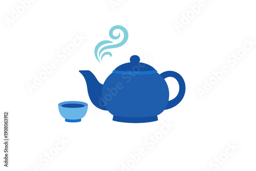 A blue teapot with a matching small cup is shown against a dark background. Stylized light blue steam rises from the teapot, creating a calm and cozy atmosphere in this flat illustration.