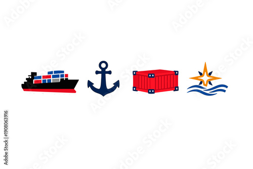 Four nautical stickers including a container ship, a dark blue anchor, a red cargo container, and a stylized star over ocean waves are displayed against a solid black background.