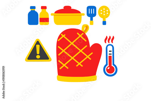 A flat illustration featuring various kitchen items like a red oven mitt, a cooking pot, utensils, a warning symbol, and a thermometer indicating high heat.