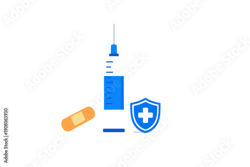 This flat illustration features a blue syringe, an orange bandage, and a blue shield with a cross on a black background, representing medical protection and healthcare.