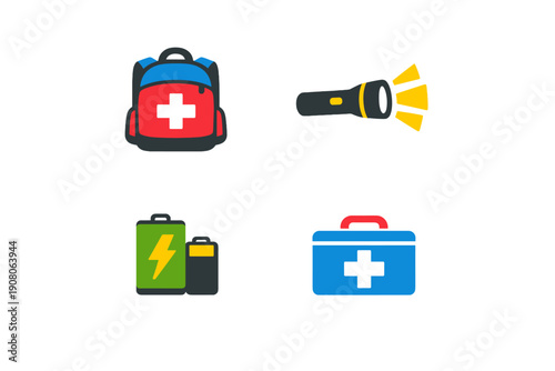 A collection of four emergency survival icons including a first aid backpack, a flashlight, batteries, and a medical kit box, all presented in a flat vector style on a black background.
