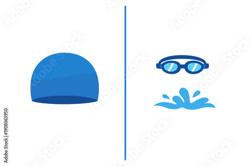 A flat illustration featuring a blue swimming cap, goggles, and a water splash on a black background. The elements are separated by a vertical line, representing swimming gear.