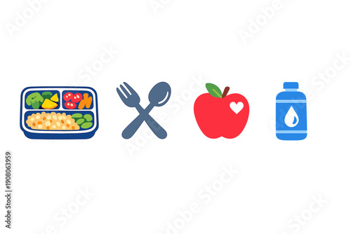 A collection of four stickers featuring a healthy bento lunch box, crossed fork and spoon, a red apple with a heart, and a blue water bottle isolated on a black background.