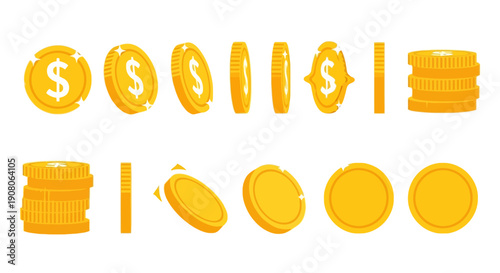 Collection of golden coins in diverse rotations and stacks, perfect for illustrating financial concepts, digital currency, earnings, wealth, and economic success in designs