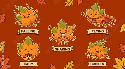 Cute Cartoon Autumn Maple Leaf Characters Vector Set: Falling, Flying, Shaking, Calm, and Broken Emotions. Seasonal Mascot Illustration.