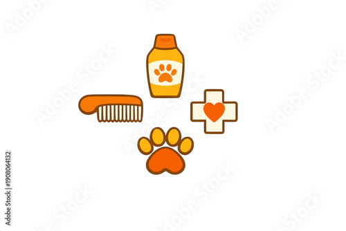 This set of pet care icons features a grooming brush, a shampoo bottle with a paw print, a veterinary medical cross with a heart, and a large paw print, all in orange and yellow tones.