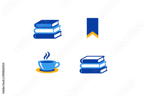 A set of four flat design stickers featuring stacks of blue books, a blue bookmark with a yellow accent, and a steaming blue coffee cup on a yellow saucer against a black background.