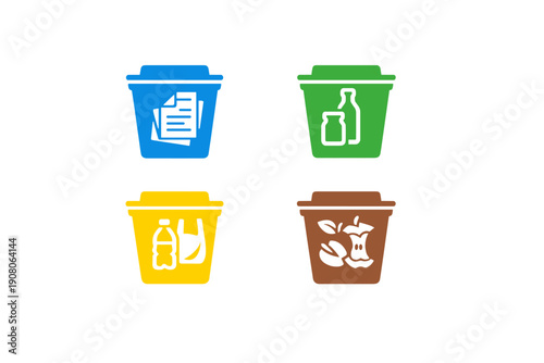Four colorful recycling bin icons in blue, green, yellow, and brown are displayed on a black background. Each container features a white symbol for paper, glass, plastic, or organic waste.