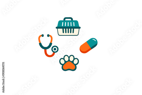 A collection of veterinary icons including a pet carrier, a stethoscope, a medicinal capsule, and an animal paw print arranged in a circular pattern on a black background.