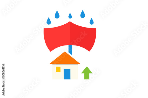 A graphic illustration shows a red umbrella shielding a small house from blue raindrops, with a green arrow pointing upwards, representing home protection and property value growth.