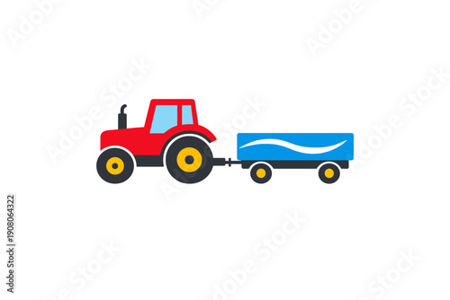 This flat vector illustration shows a red farm tractor towing a blue trailer. The agricultural machinery features yellow wheel hubs and is isolated on a white background.